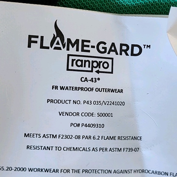 RanPro Flame Gard Safety Pants Bib Chemical / Acid Resistant P43 035 CA-43 Green - Picture 4 of 13